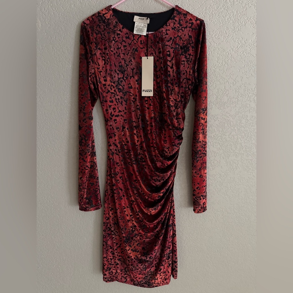 Fuzzi Italy Red Leopard Burnout Velvet Bodycon Dress XL Ruched Midi NWT - Picture 6 of 12
